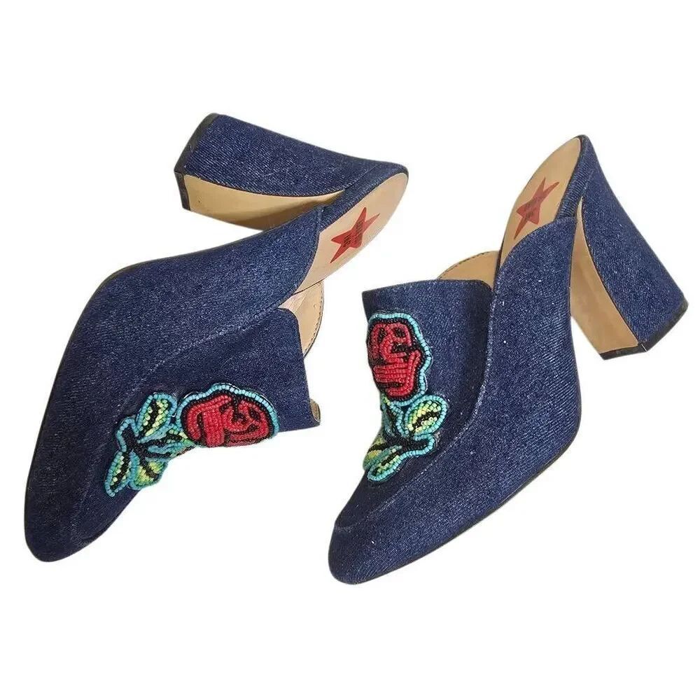 Anna Sui x INC Maddiee Beaded Denim Mules Round Toe Cone Heels 7.5